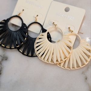 Raffia Wrapped Dangle Earrings Black and Ivory